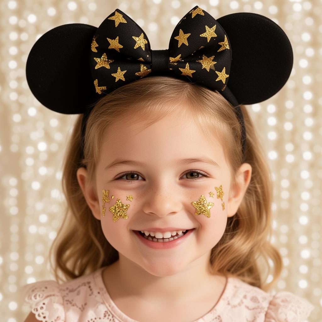 Little girl smiling with velvet bow headband and star glitter